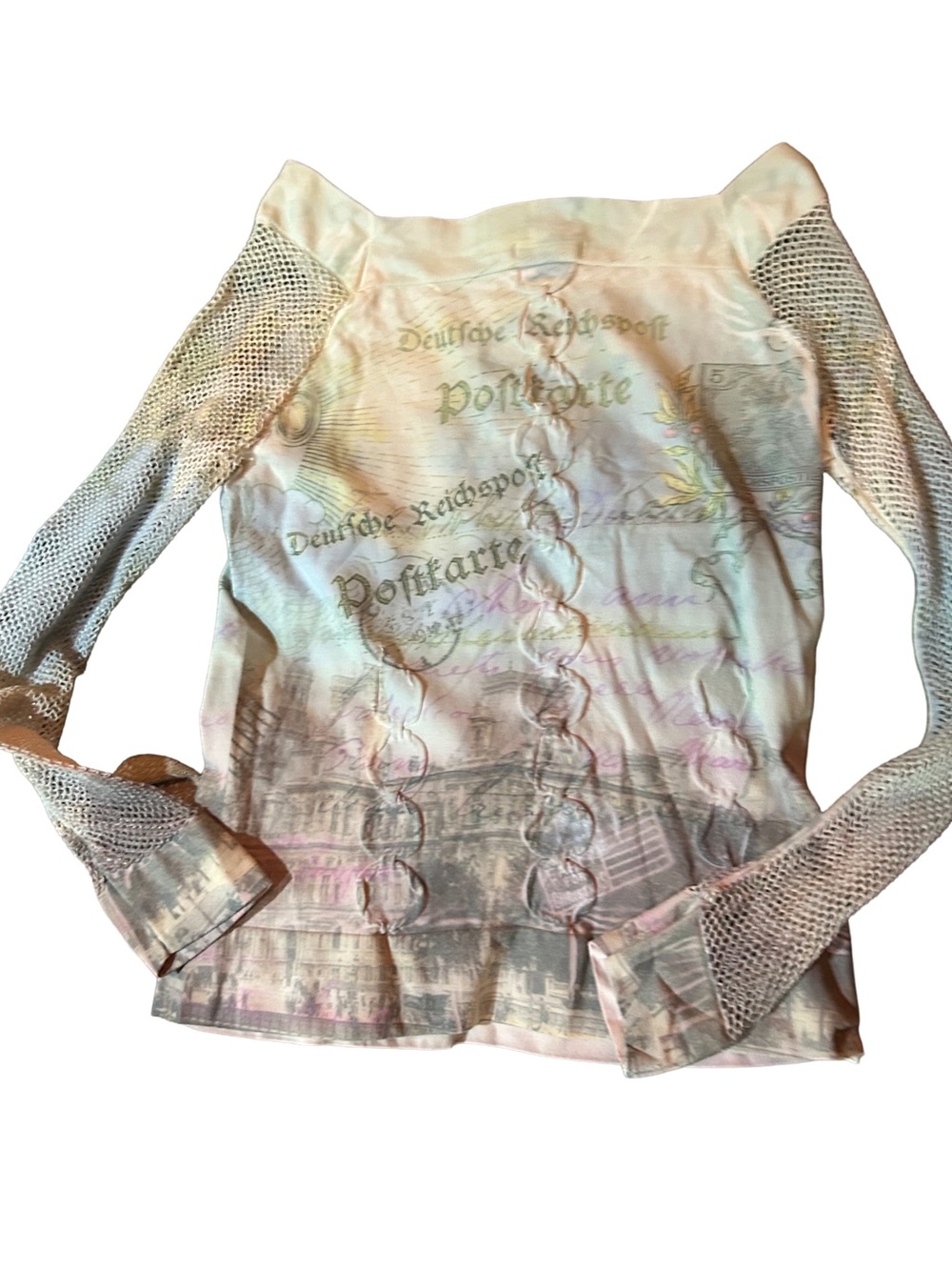 Vintage Y2K Sheer Mesh Graphic Top by Boho Chic Postcard Print Whimsigoth S - Picture 4 of 4